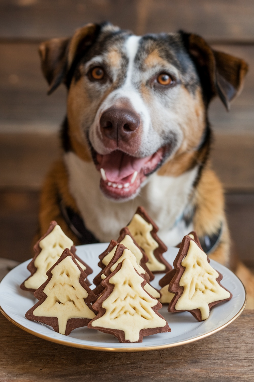 A happy dog with a plate of Christmas tree-shaped cookies.