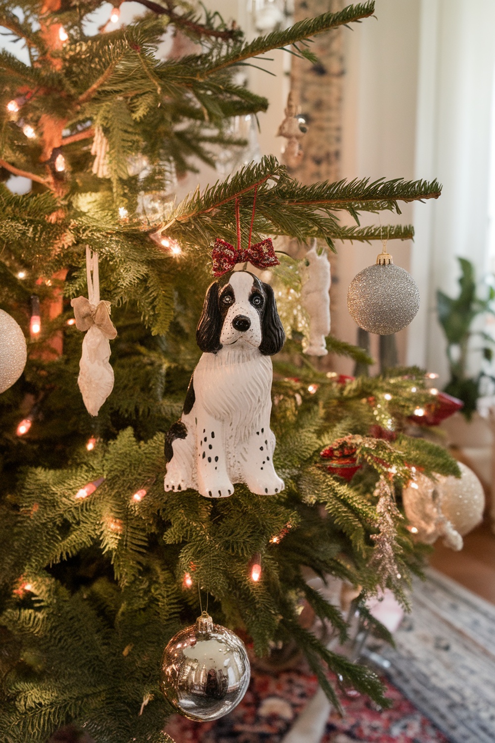 Liver and White English Springer Spaniel ornament hanging on a Christmas tree