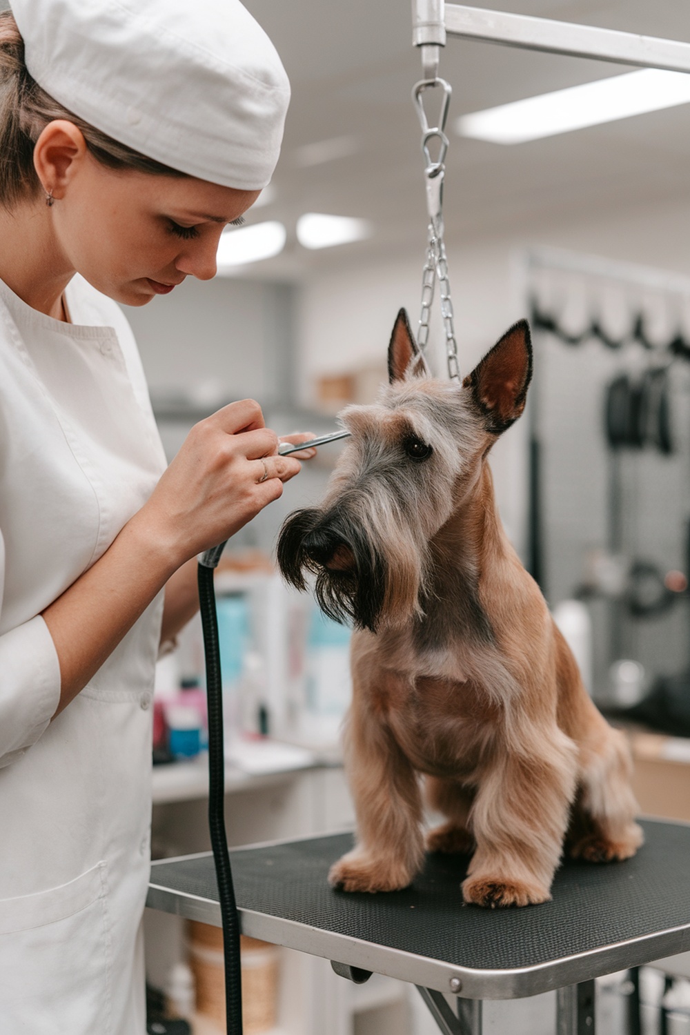 A groomer trimming a Scottish Terrier's fur.