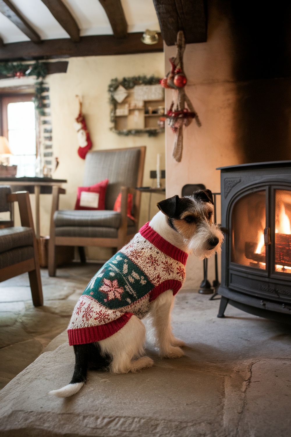 A terrier dog wearing a winter sweater with holiday patterns, sitting by a fireplace.