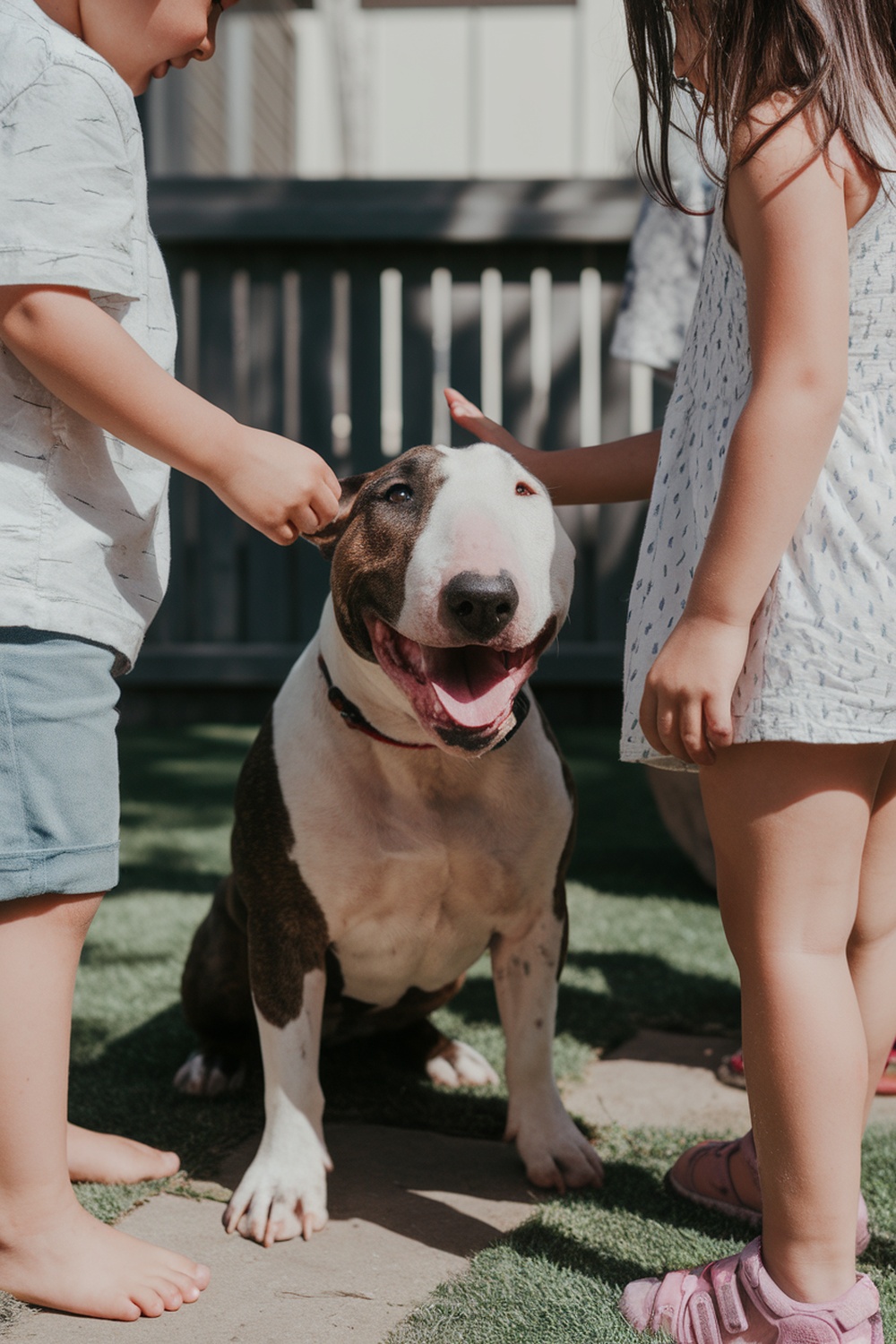 Two children interacting with a Bull Terrier in a playful setting.