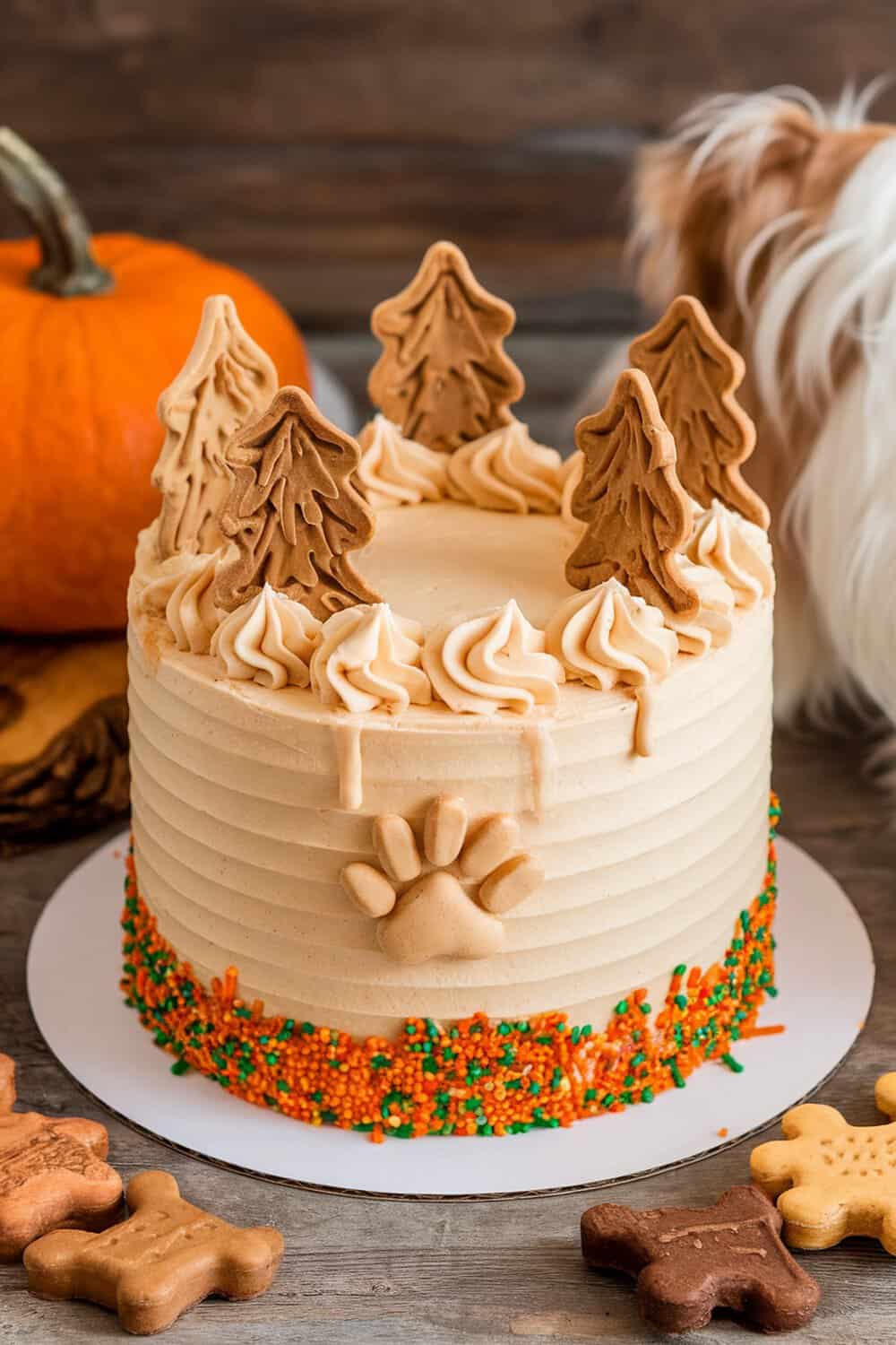 A decorated cake featuring pumpkin and peanut butter, topped with dog-shaped cookies and festive sprinkles.