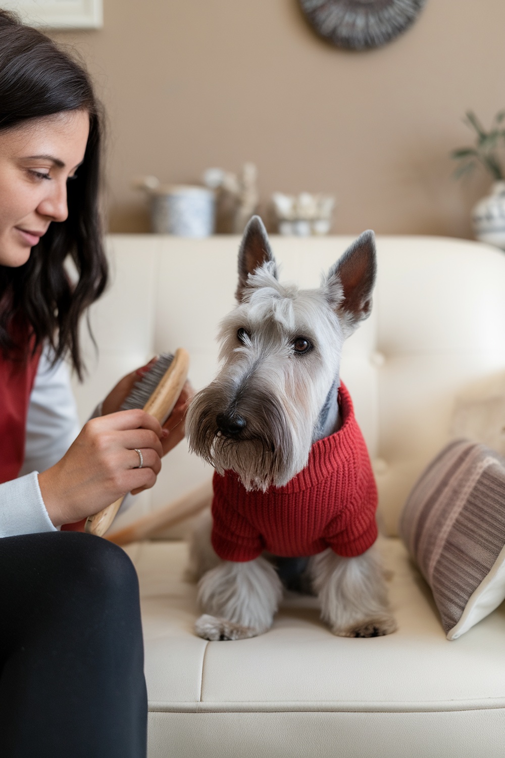 A woman brushing a Scottish Terrier on a couch.