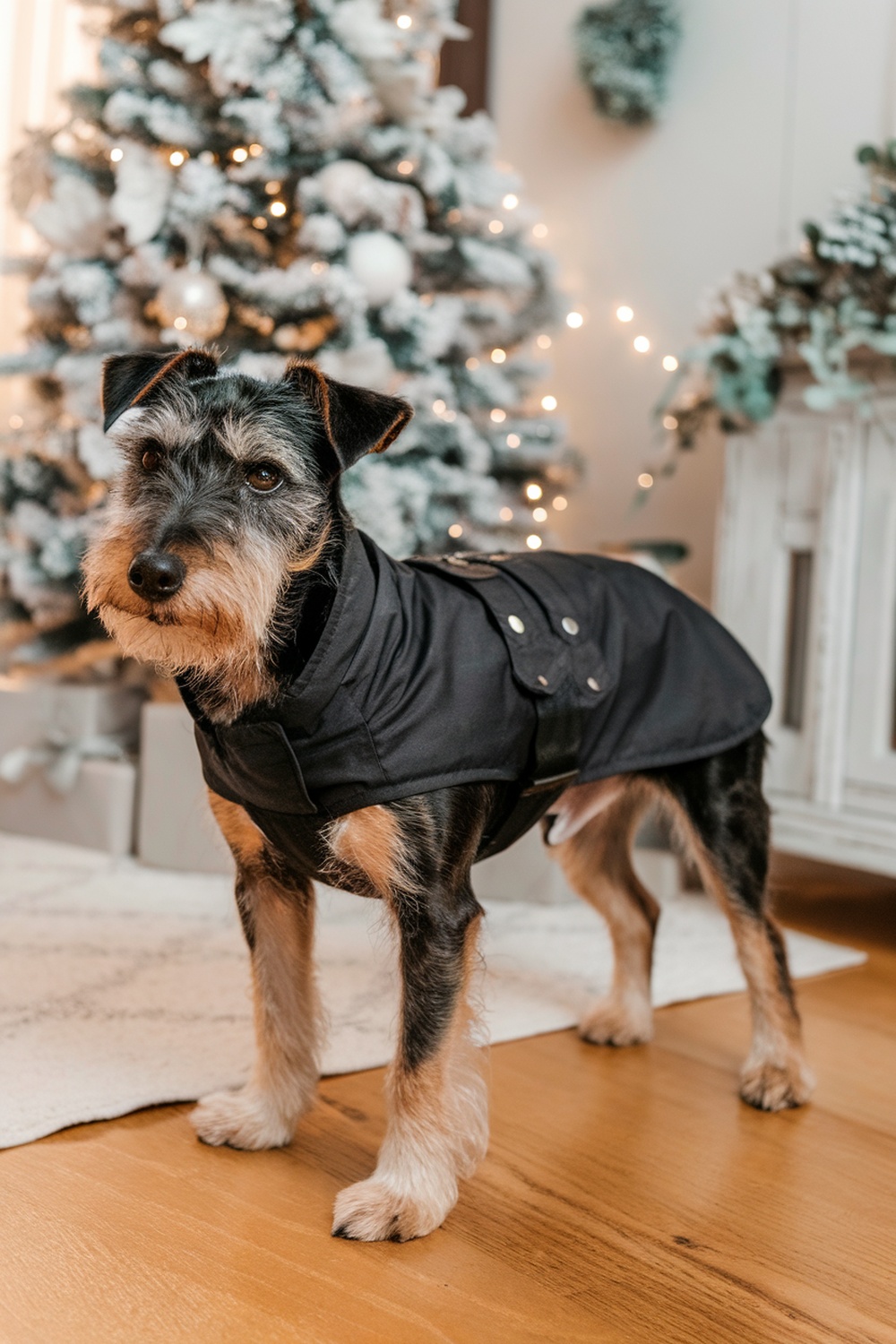 A terrier dog wearing a stylish black coat standing in front of a decorated Christmas tree.