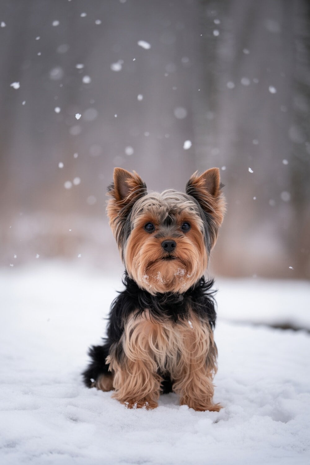 A Yorkshire Terrier sitting in the snow with snowflakes falling around it.