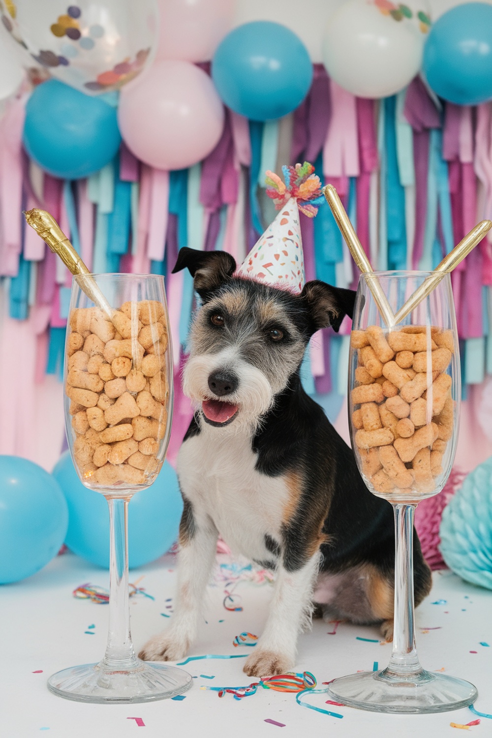 A terrier wearing a party hat sits between two champagne glasses filled with dog treats, surrounded by colorful decorations.