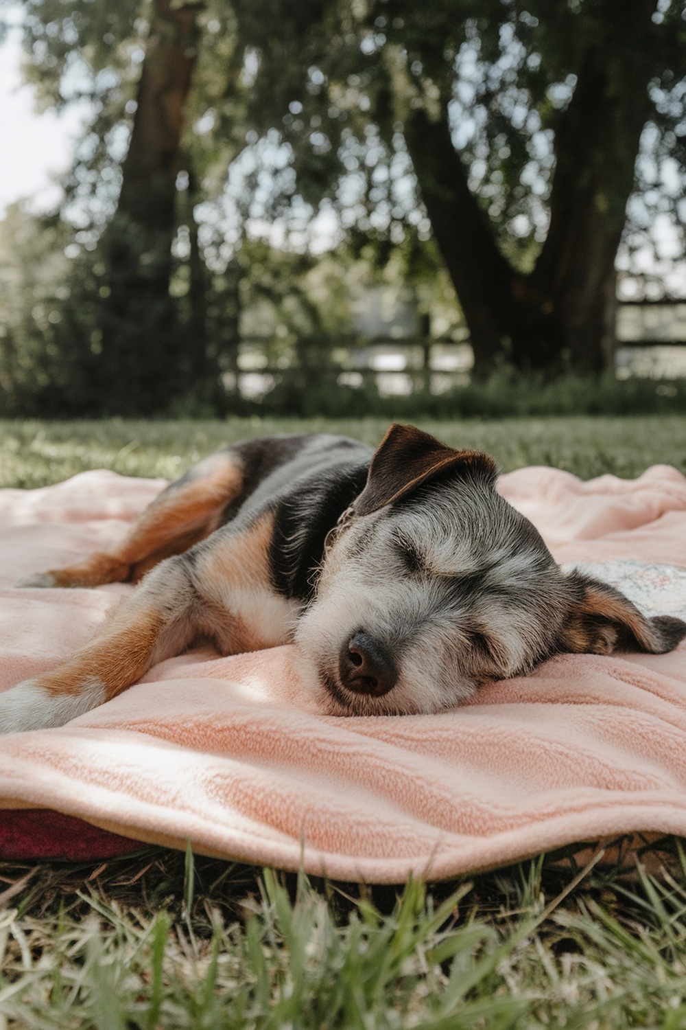 A Border Terrier sleeping peacefully on a blanket in a grassy area.