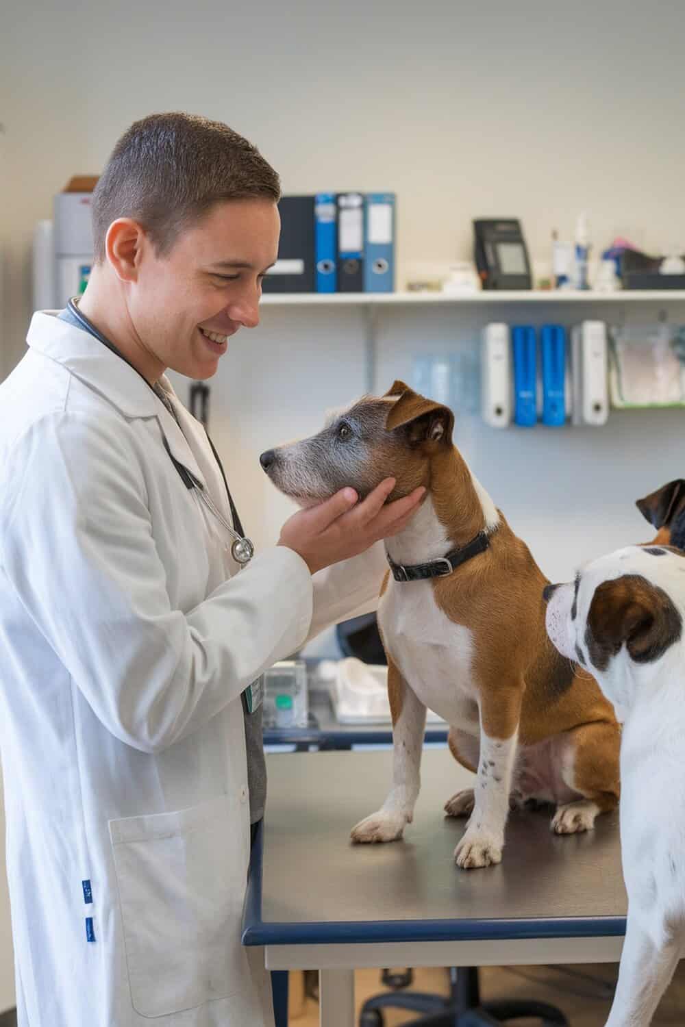 A veterinarian interacting with a dog in a clinic setting.