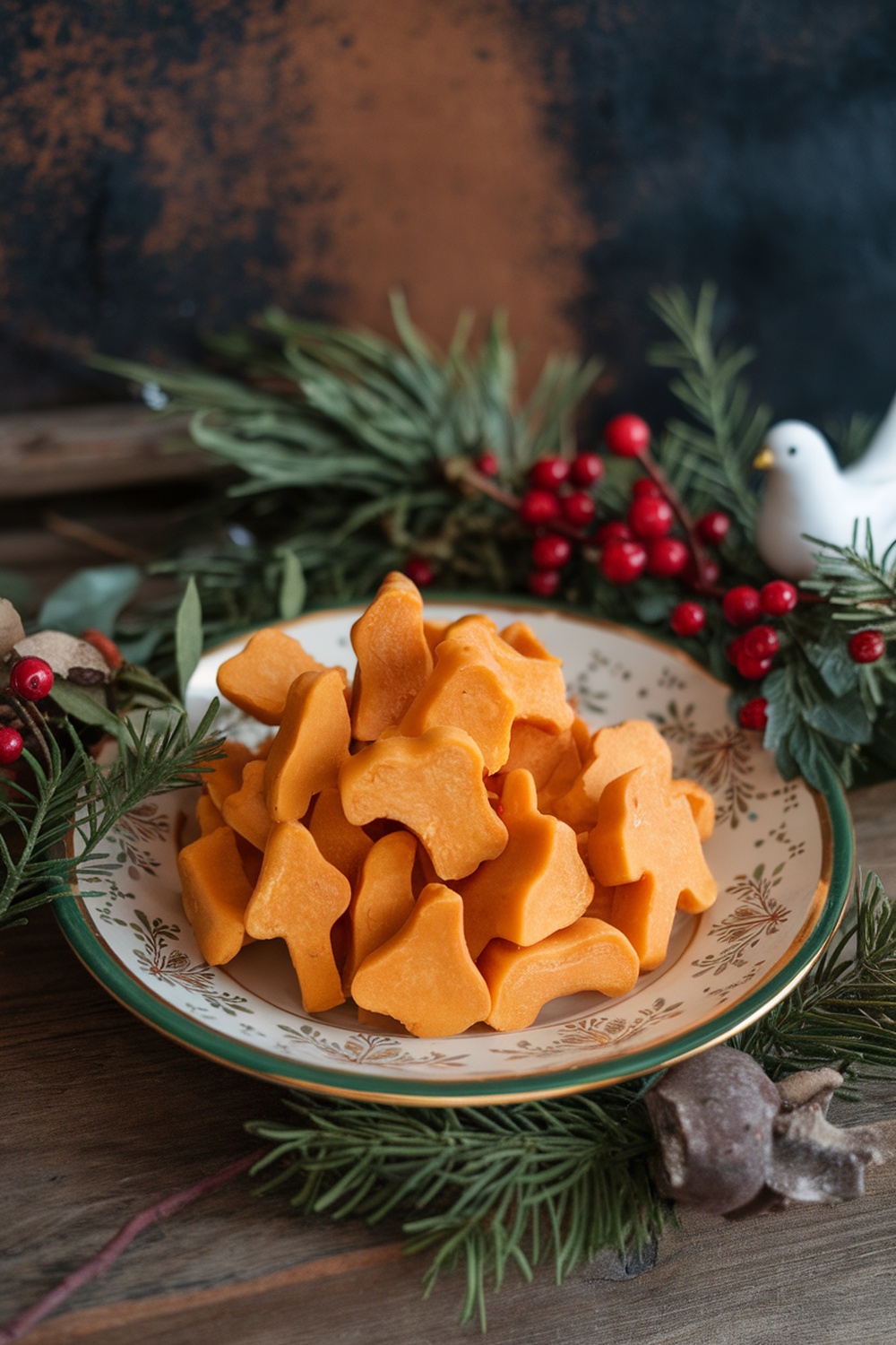 A plate of sweet potato chews shaped like dog bones, surrounded by holiday decorations.
