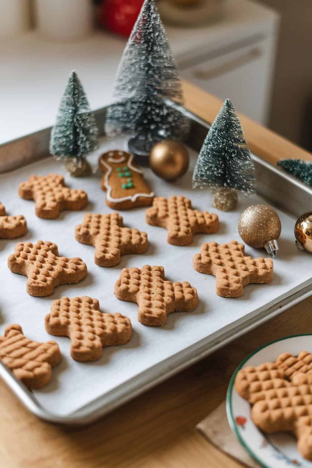A tray of dog biscuits shaped like Christmas trees and gingerbread men, surrounded by festive decorations.