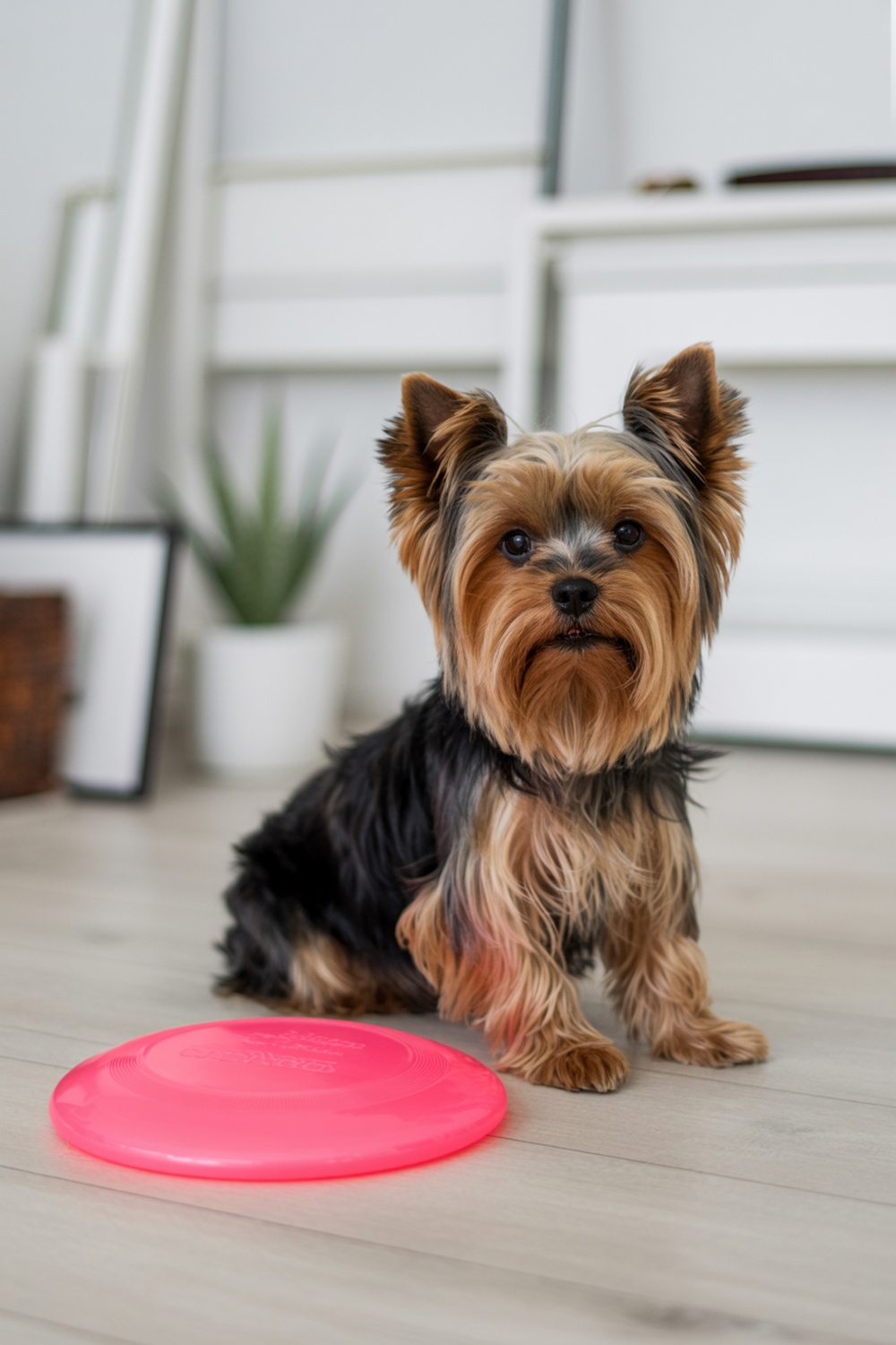 A Yorkshire Terrier sitting beside a pink frisbee.