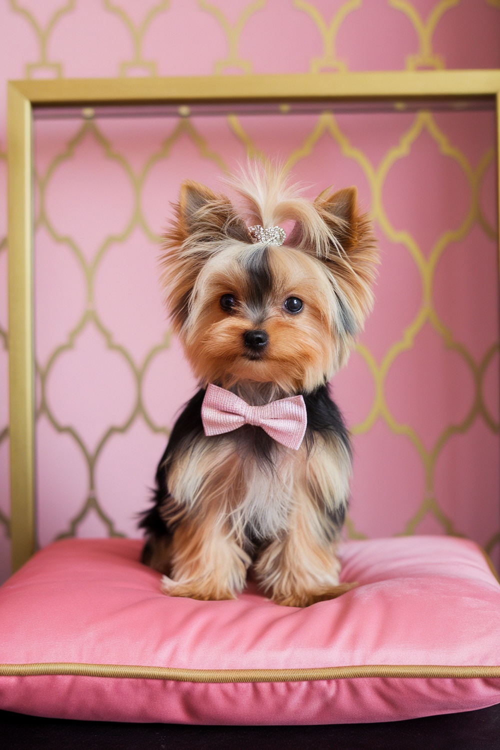 A teacup Yorkie puppy with a fluffy haircut and a pink bowtie, sitting on a pink pillow.