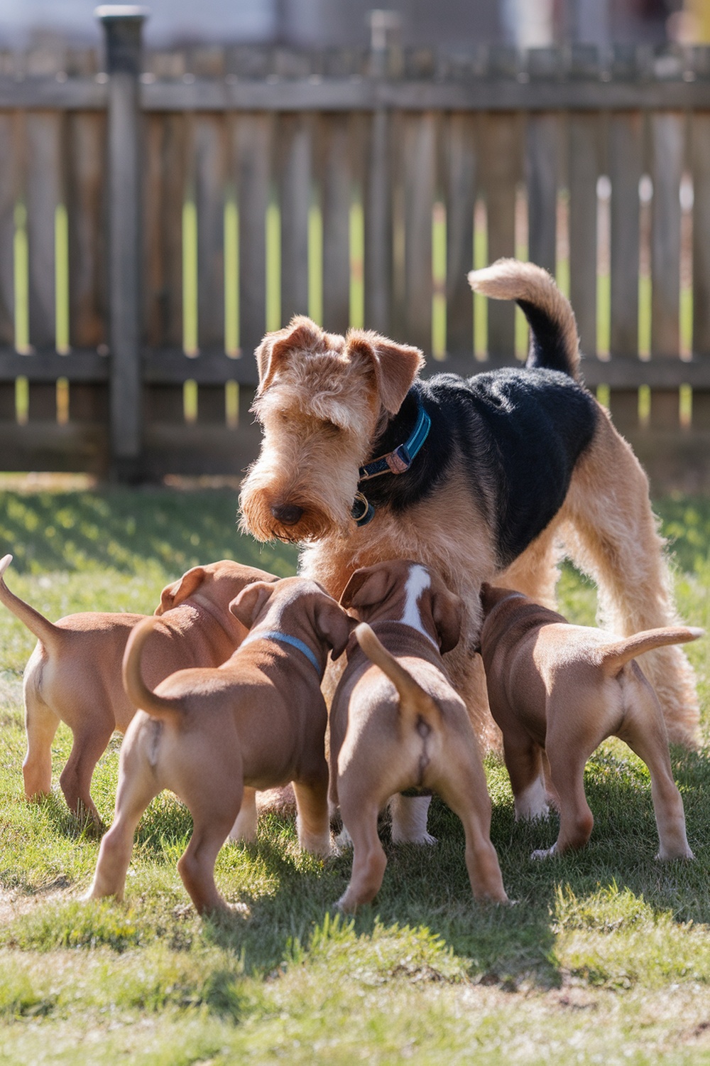 An Airedale Terrier interacting with playful puppies in a grassy yard.