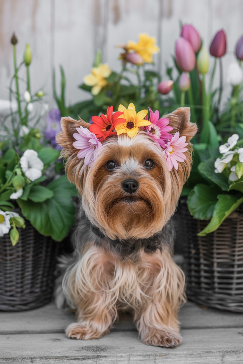 Yorkshire Terrier wearing a colorful flower crown surrounded by flowers.