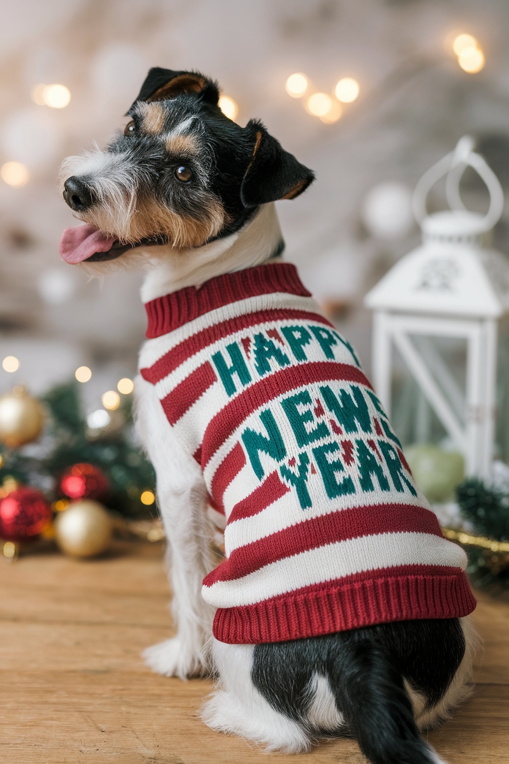 A terrier dog wearing a red and white striped sweater that says 'Happy New Year'.