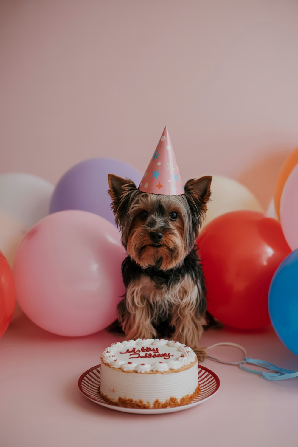 A Yorkshire Terrier wearing a birthday hat, sitting beside a cake and colorful balloons.