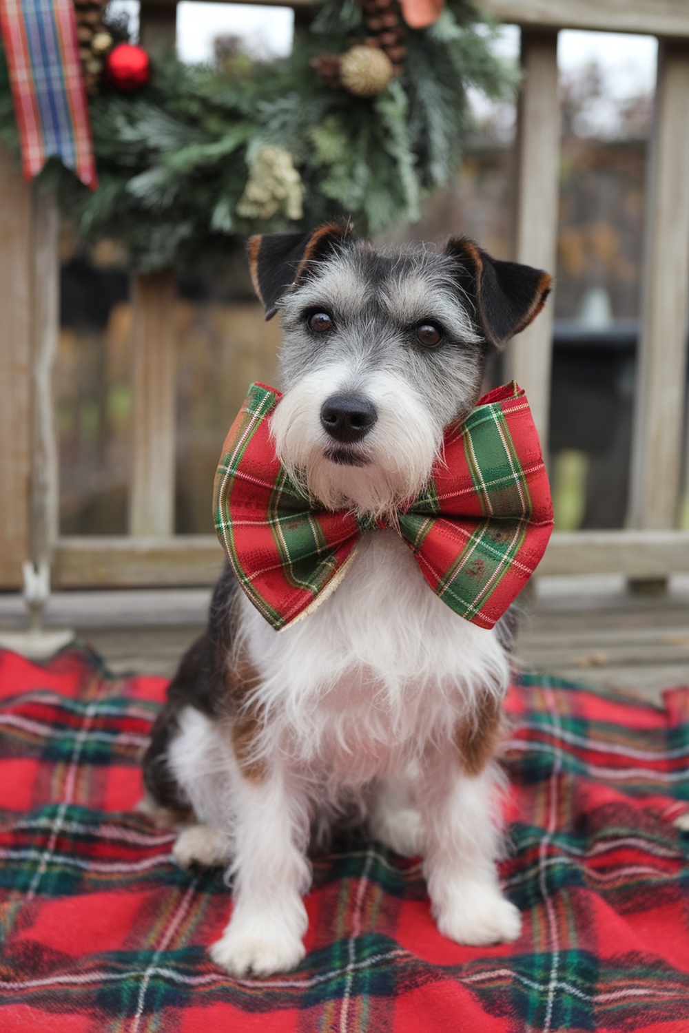 A terrier dog wearing a large festive bow tie, sitting on a plaid blanket.