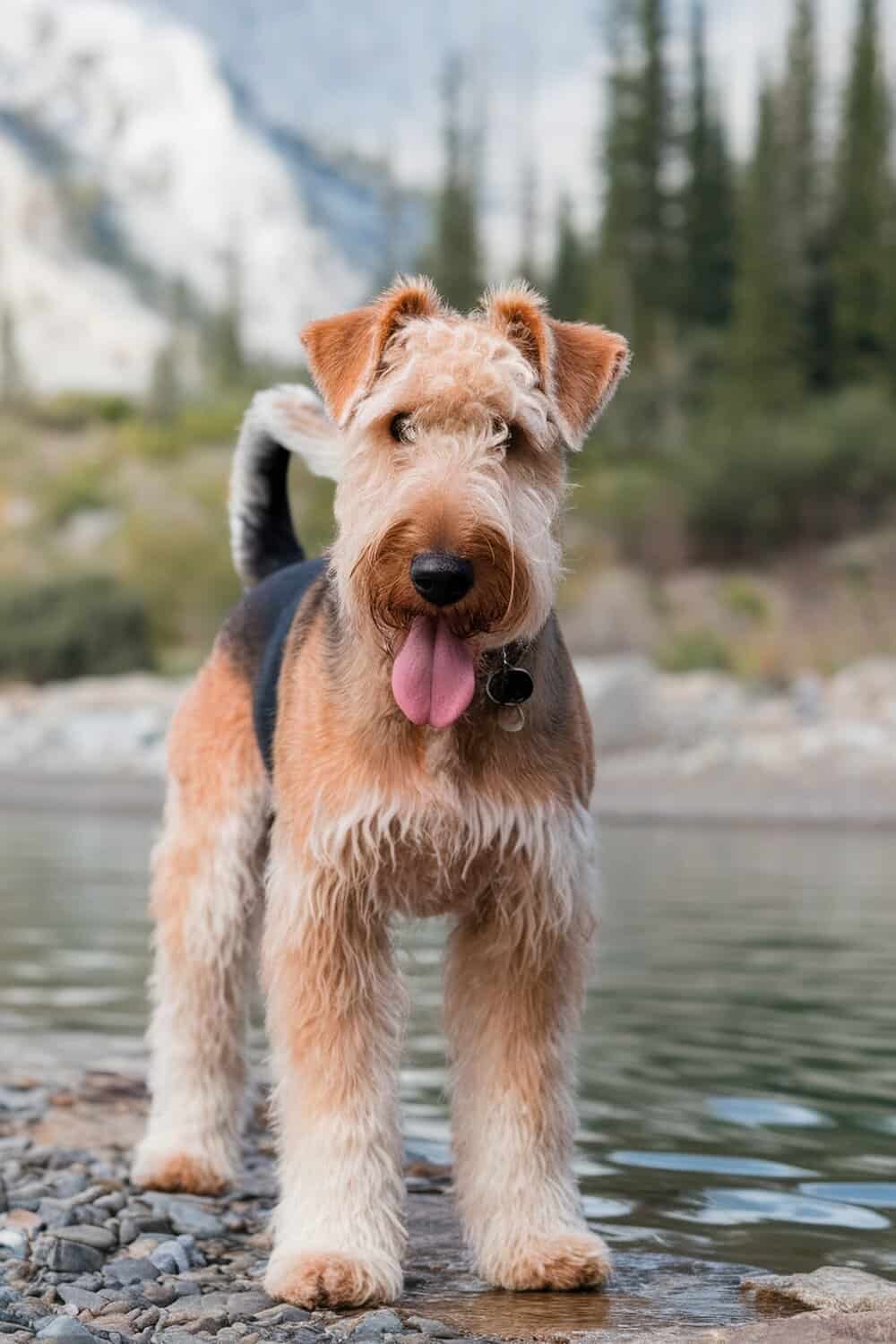 Airedale standing by a body of water with trees in the background.