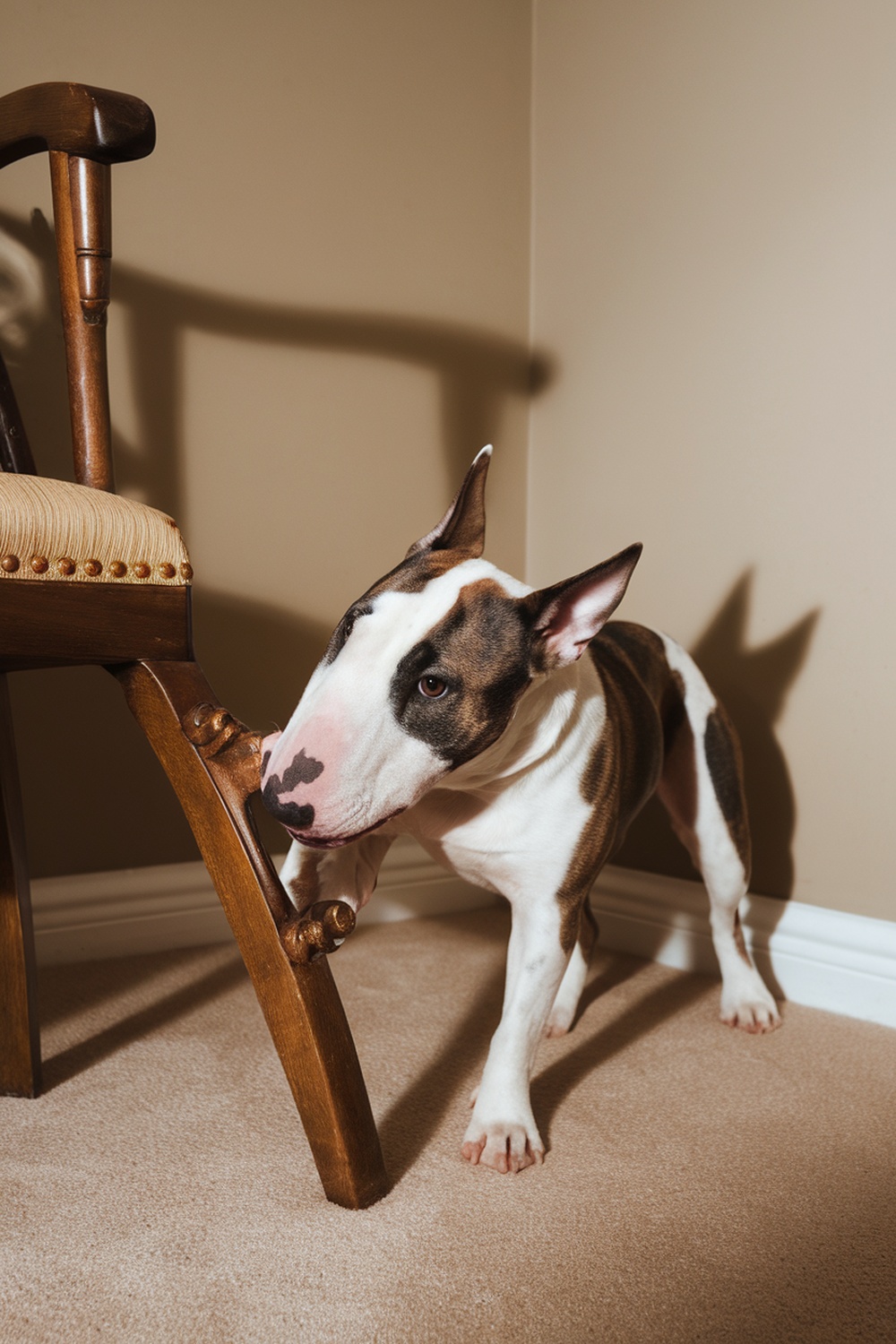A Bull Terrier curiously inspecting a wooden chair.