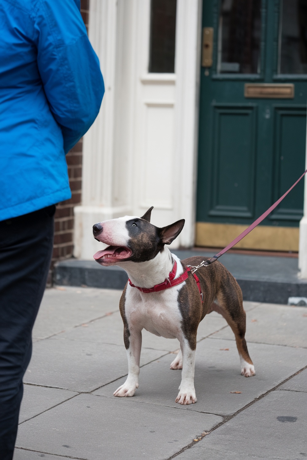 A Bull Terrier looking up at its owner while on a leash.