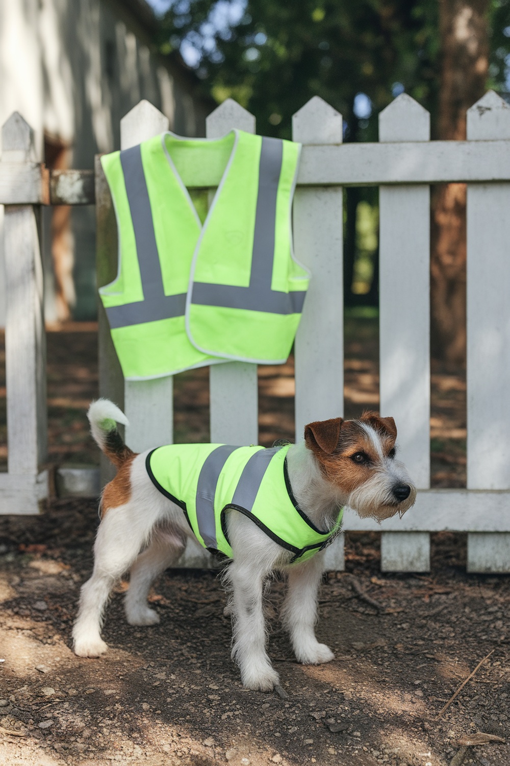 A terrier wearing a reflective safety vest, standing next to a hanging vest on a fence.