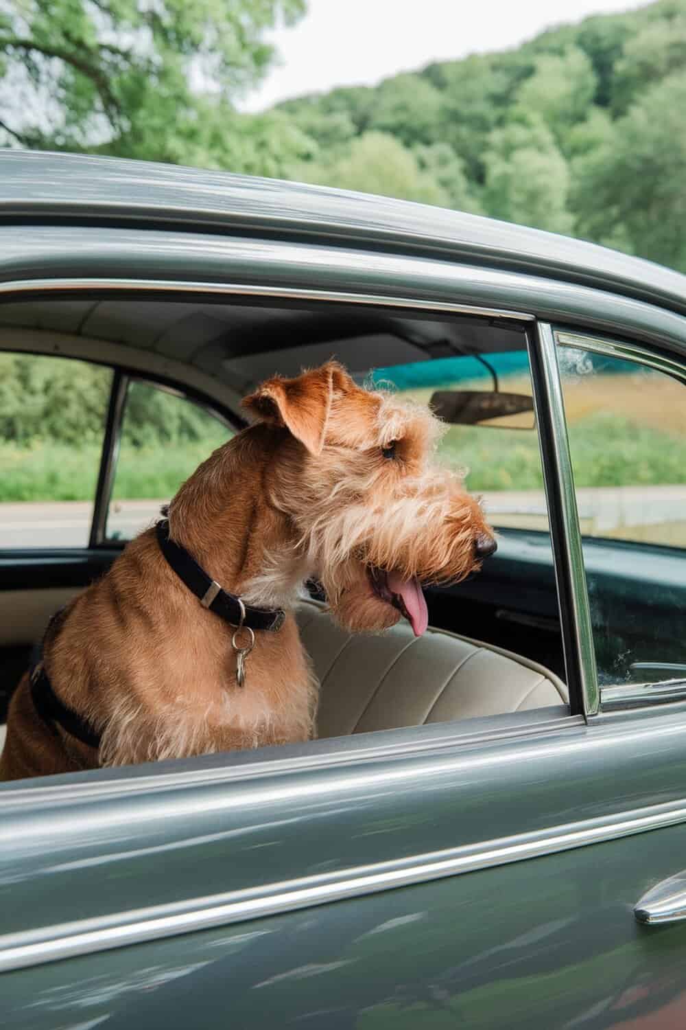 Airedale Terrier sitting in a vintage car, looking out the window.