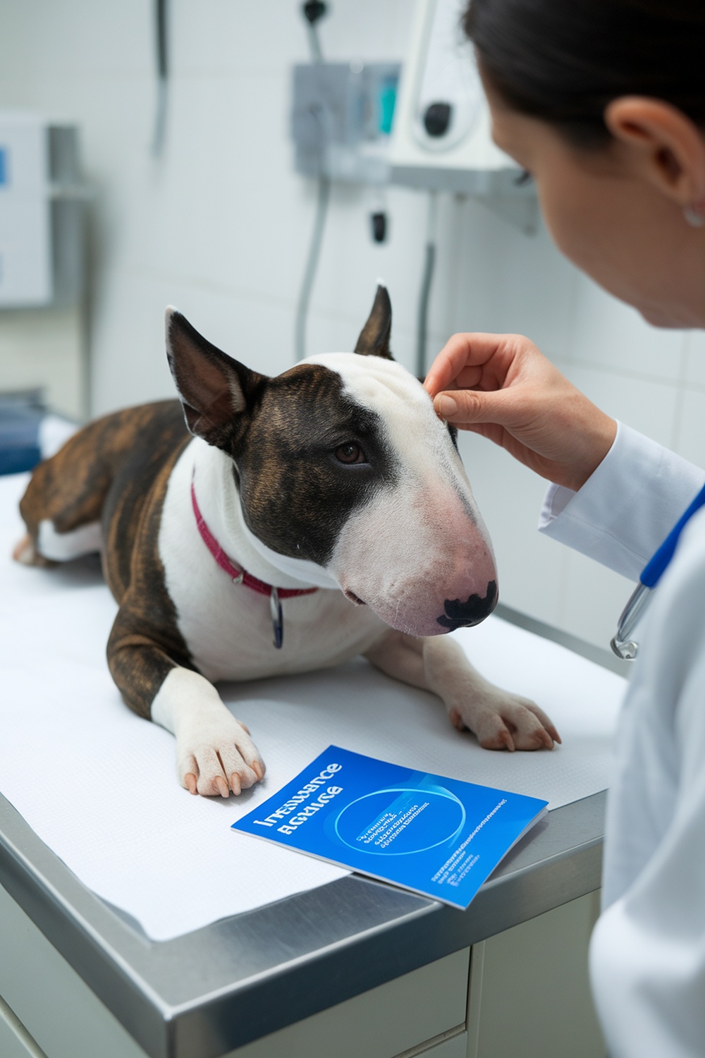 A Bull Terrier at a veterinary clinic receiving care.
