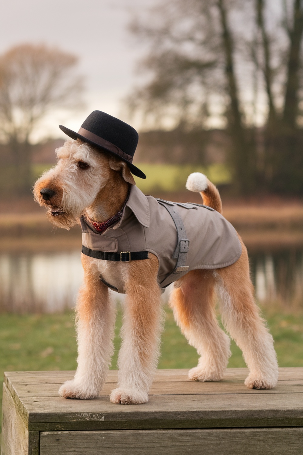 Airedale Terrier wearing a stylish coat and hat, standing on a wooden platform.