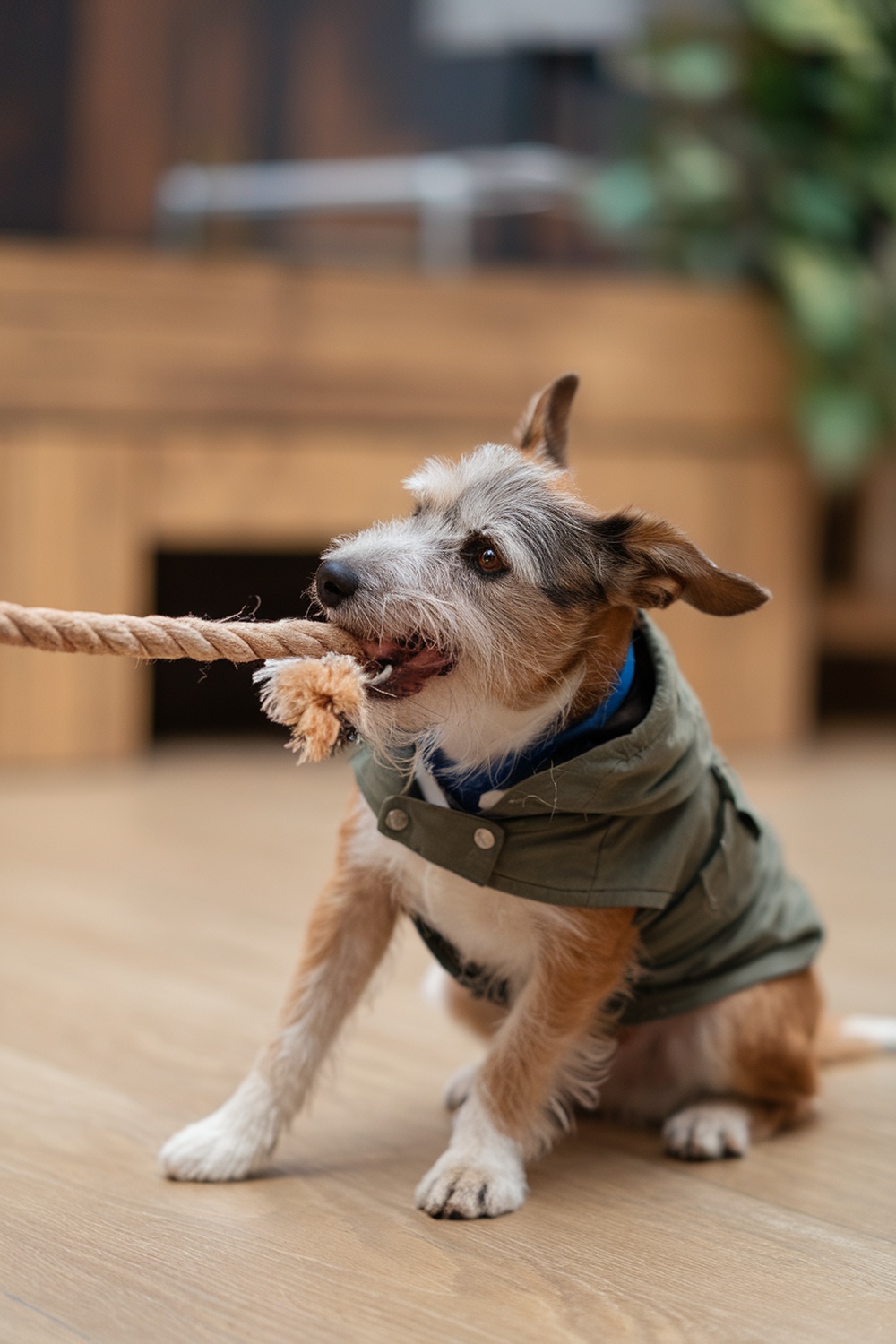 A Border Terrier in a green coat engaged in a tug-of-war with a rope toy.