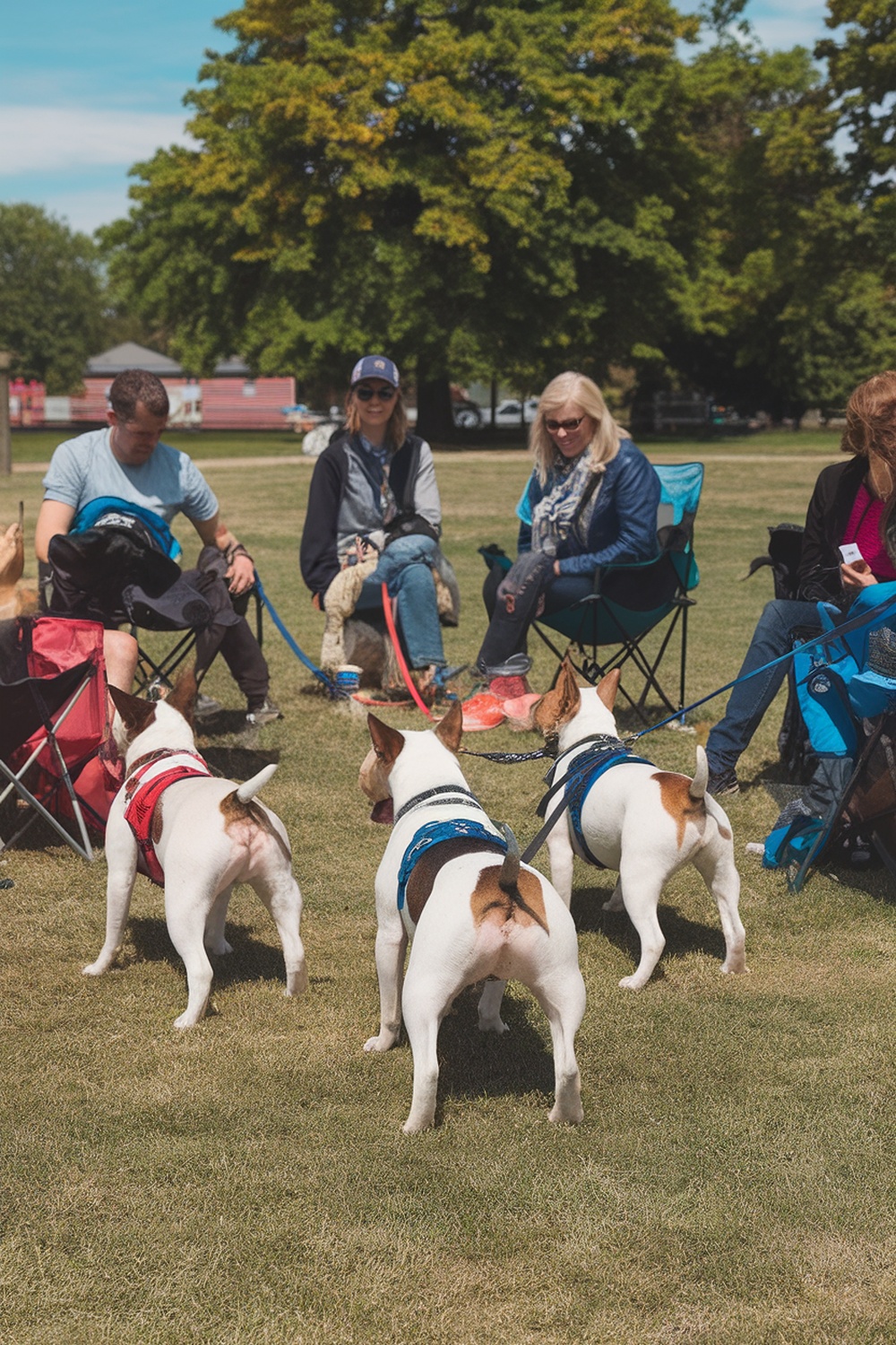 A group of people sitting in a park with Bull Terriers, enjoying a community gathering.