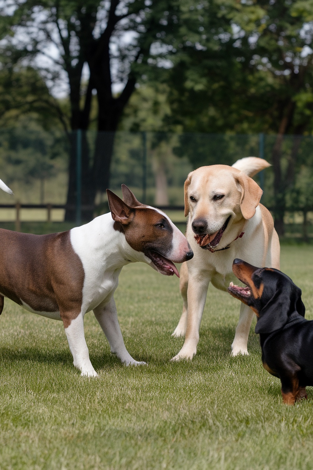 A Bull Terrier interacting with other dogs in a park.
