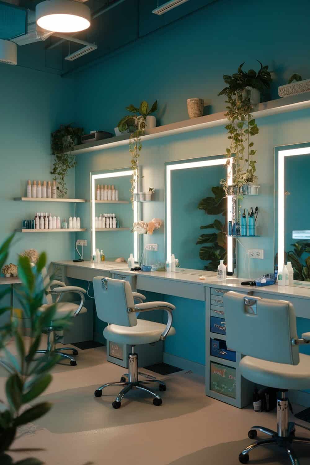 A serene grooming space with soft lighting and plants, designed for a calming experience.