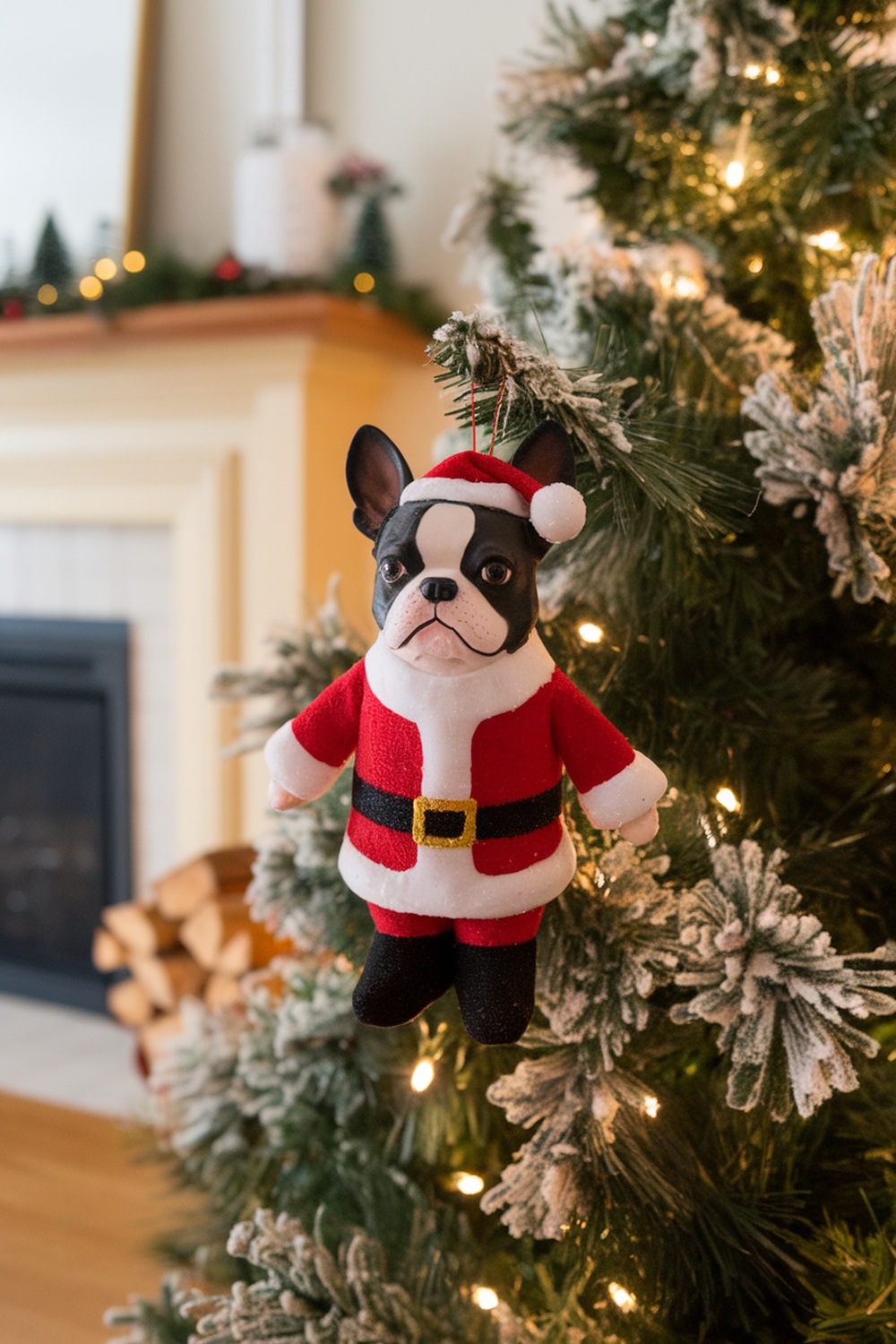 Boston Terrier ornament dressed as Santa hanging on a Christmas tree