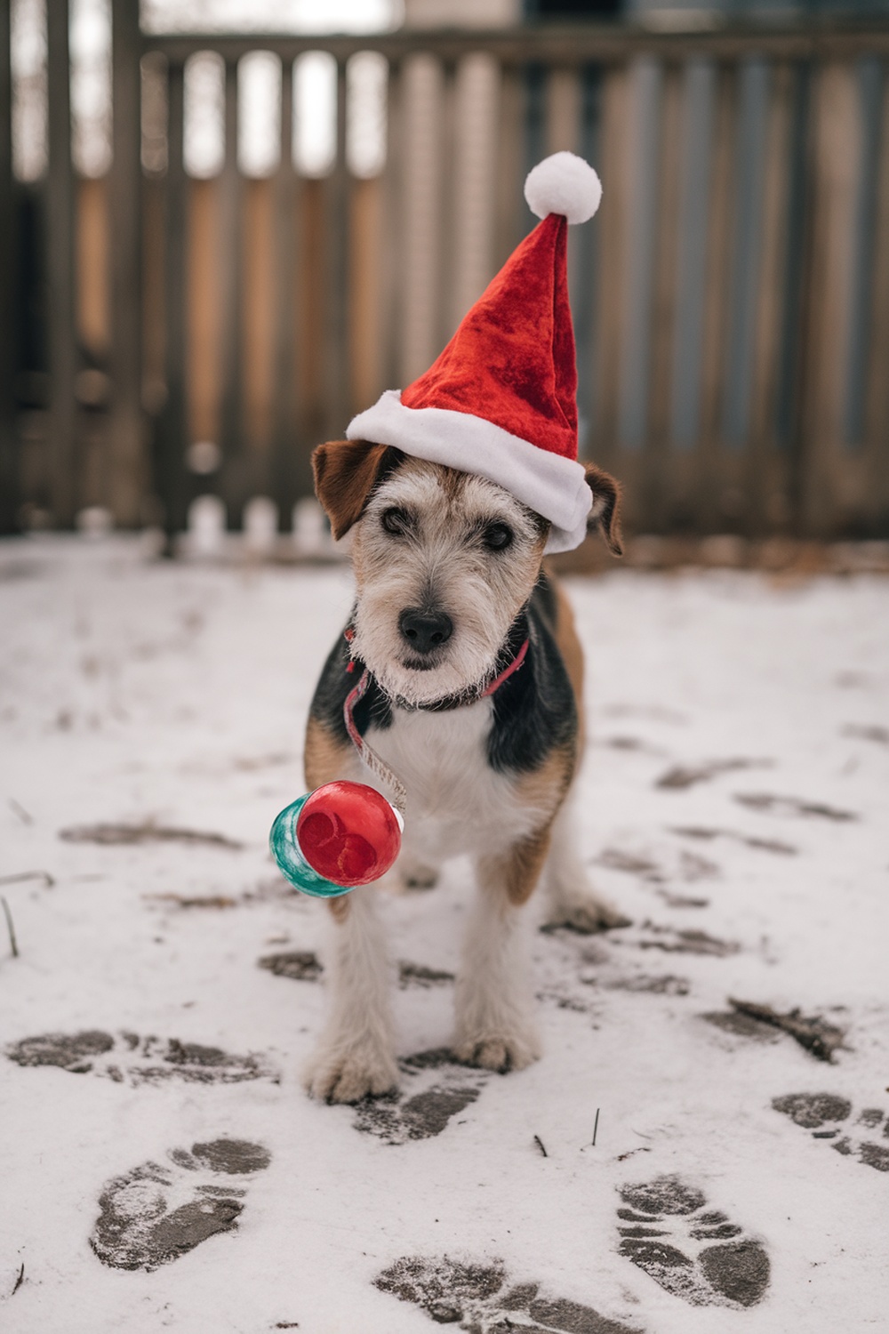 A terrier dog wearing a Christmas hat, holding a colorful toy in the snow.