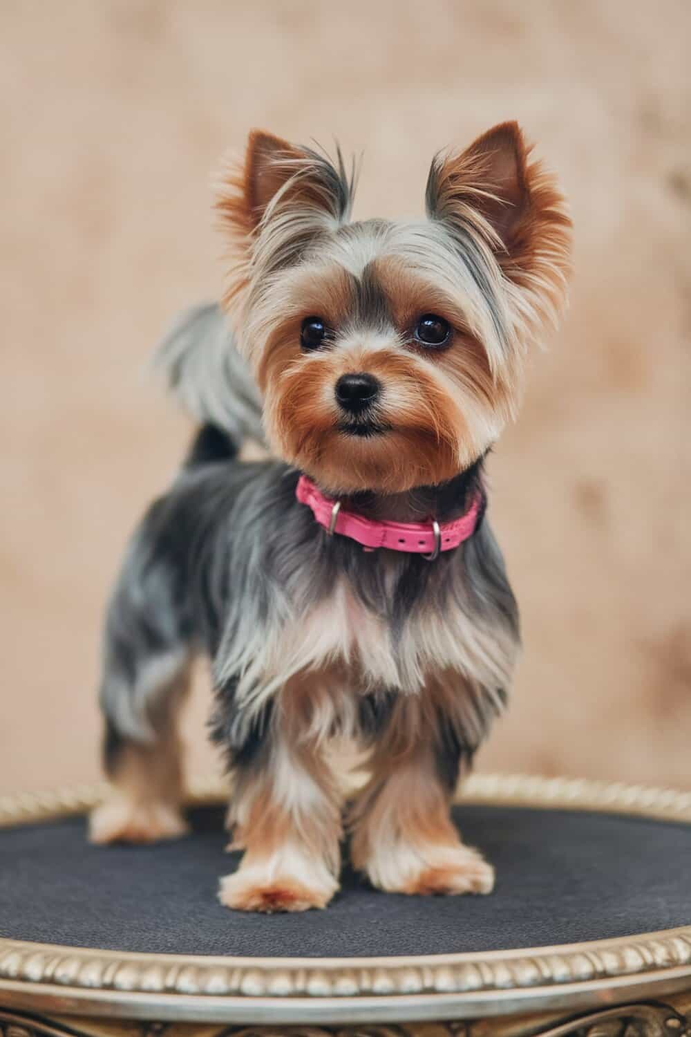 A Teacup Yorkie with a classic show cut, standing on a decorative table.