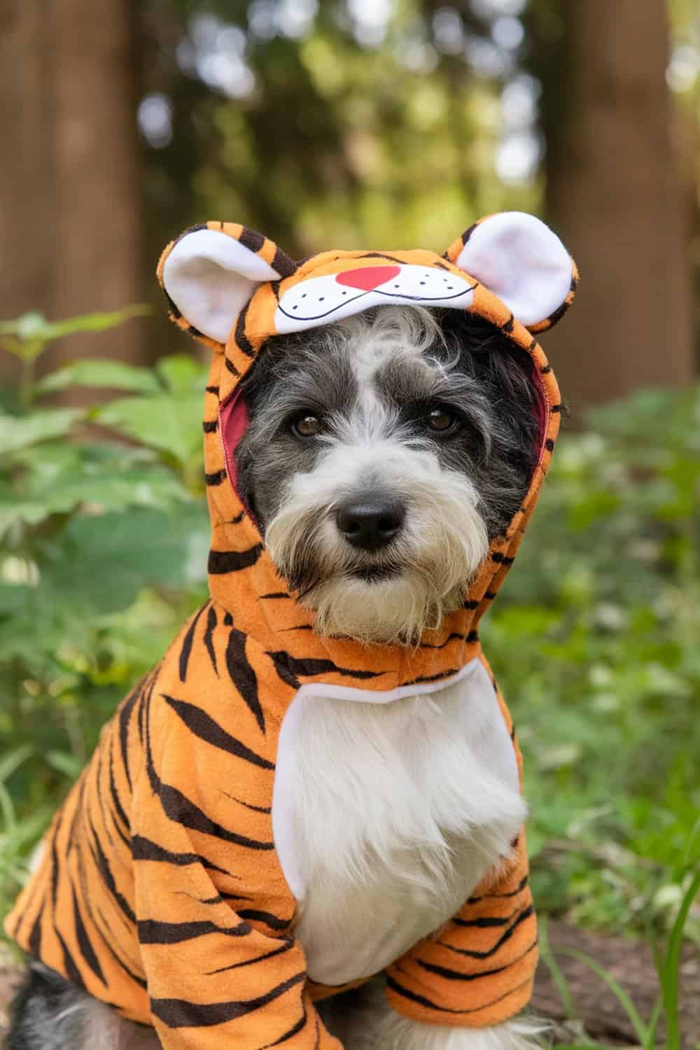 A Border Terrier dressed in a tiger costume, looking adorable and slightly confused.