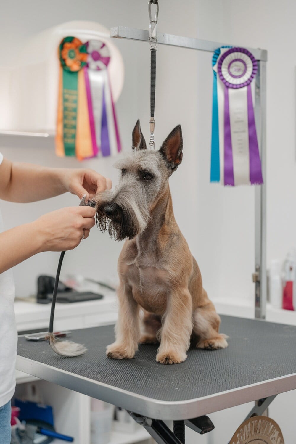 A Scottish Terrier being groomed with ribbons in the background.