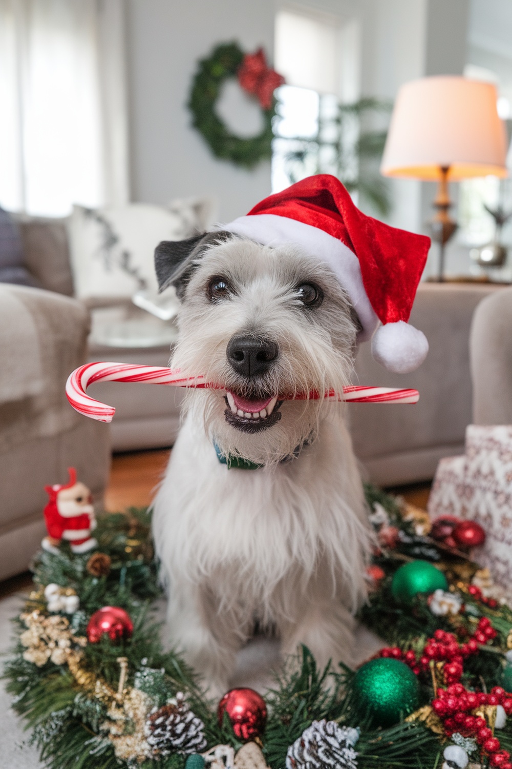 A cheerful terrier dog wearing a Santa hat, holding a candy cane, surrounded by Christmas decorations.