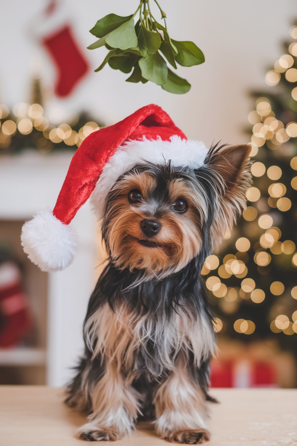 A Yorkie Terrier wearing a Santa hat sitting under mistletoe