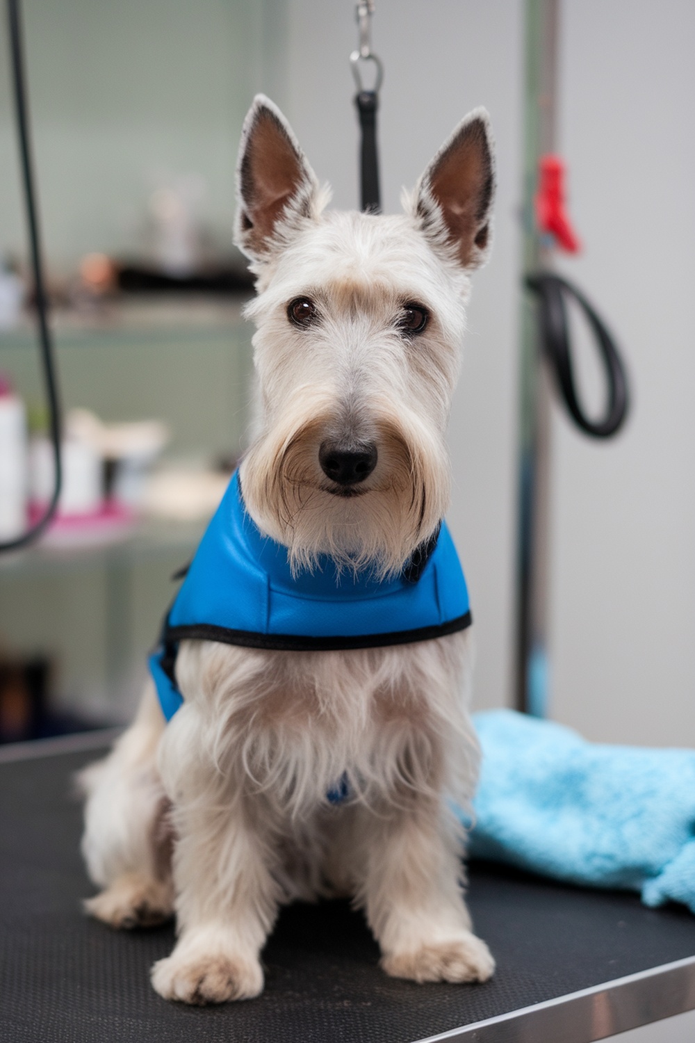 A Scottish Terrier sitting on a grooming table, looking calm and attentive.