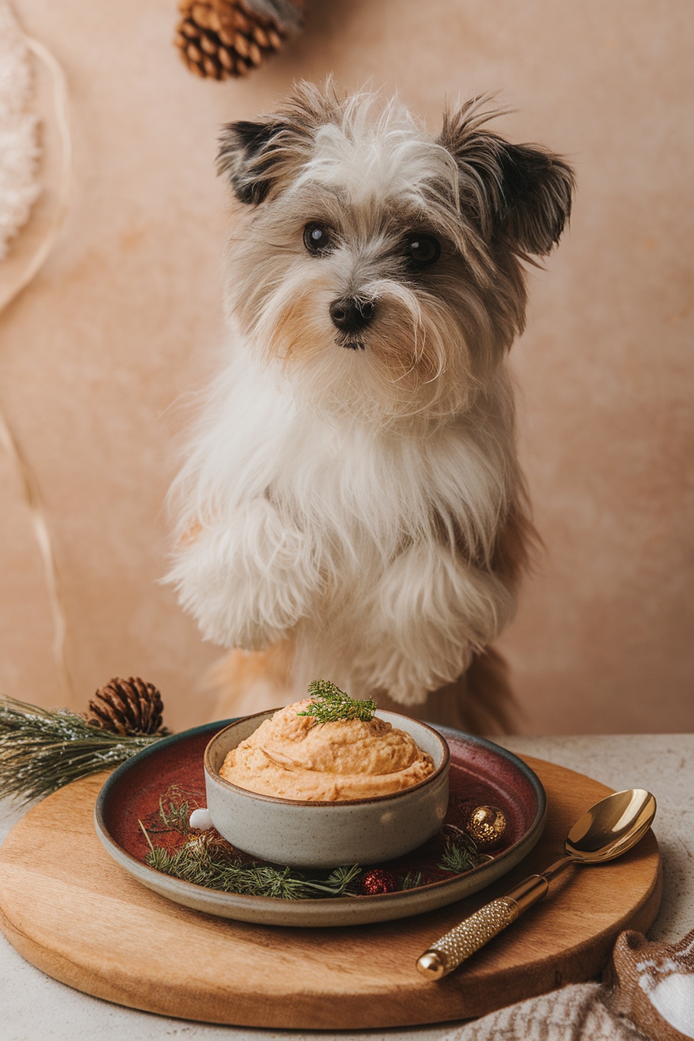 A small dog looking at a bowl of chicken liver mousse on a wooden platter decorated with pinecones and festive ornaments.