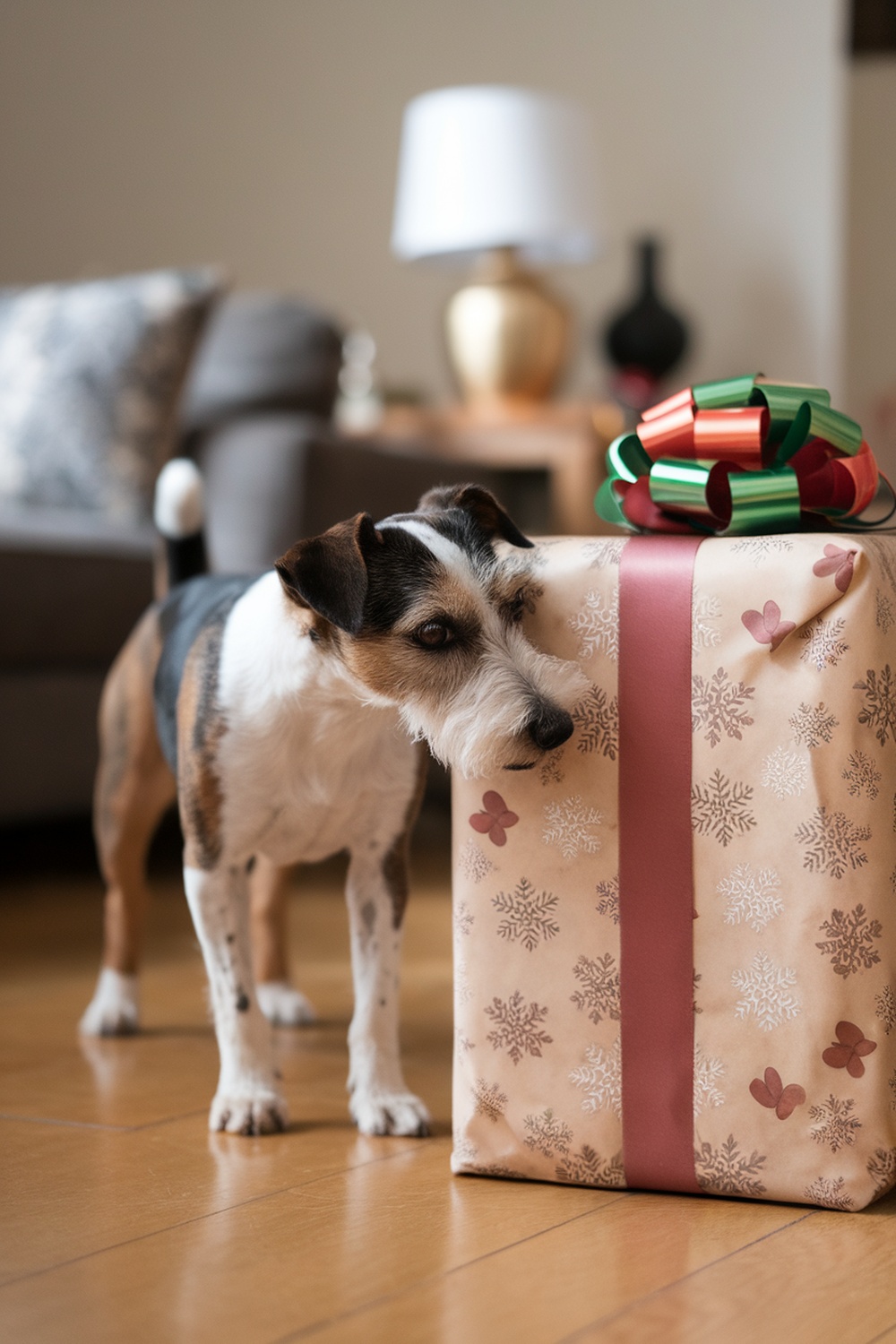 A terrier dog sniffing a New Year's gift box with a festive ribbon.