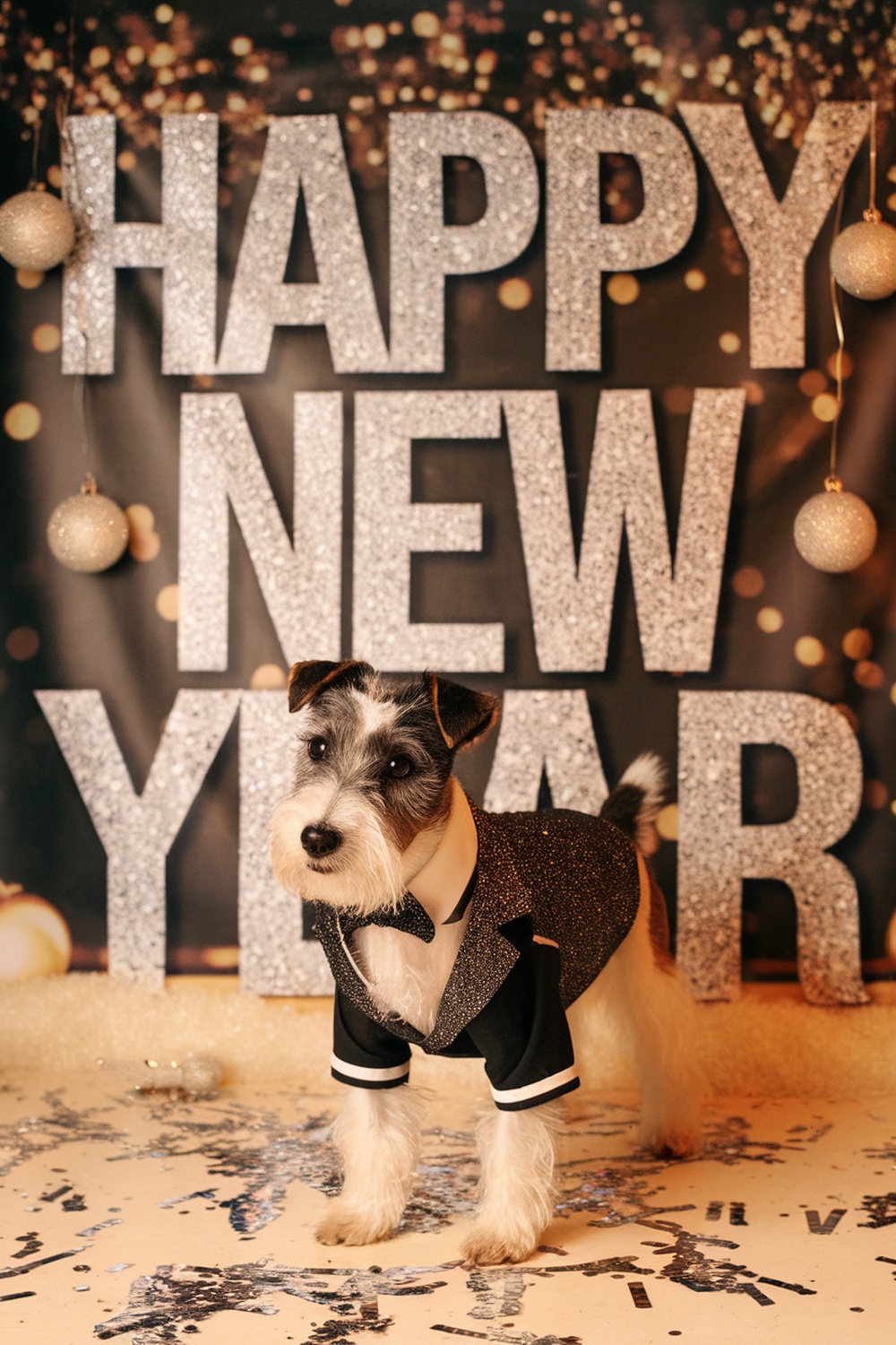 A terrier dog wearing a glittery tuxedo in front of a 'Happy New Year' backdrop.