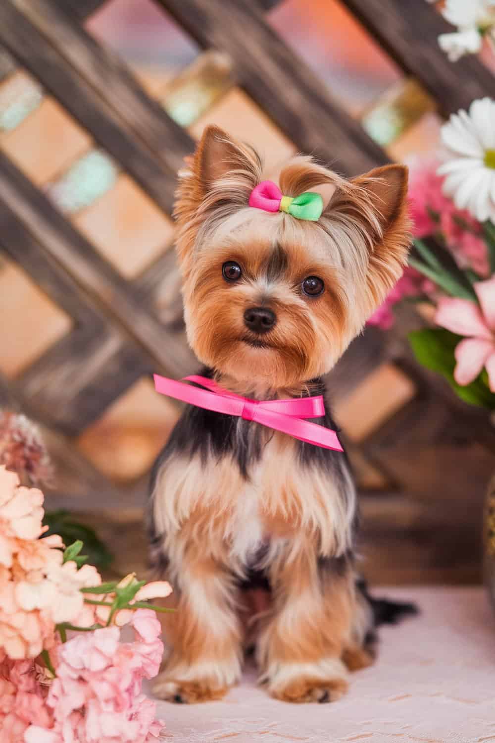 Teacup Yorkie with a short trim and colorful bows