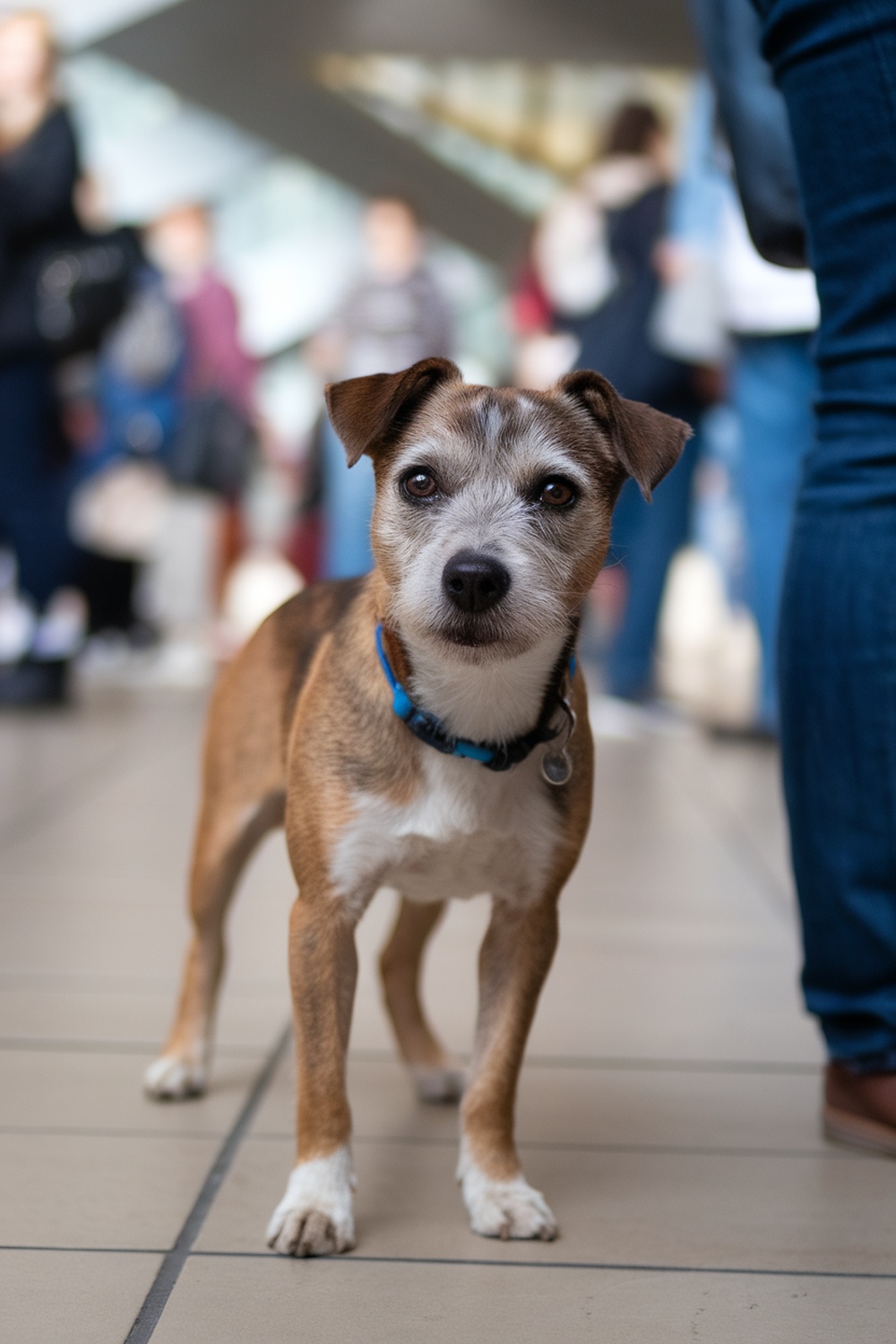A Border Terrier looking attentive in a busy environment.