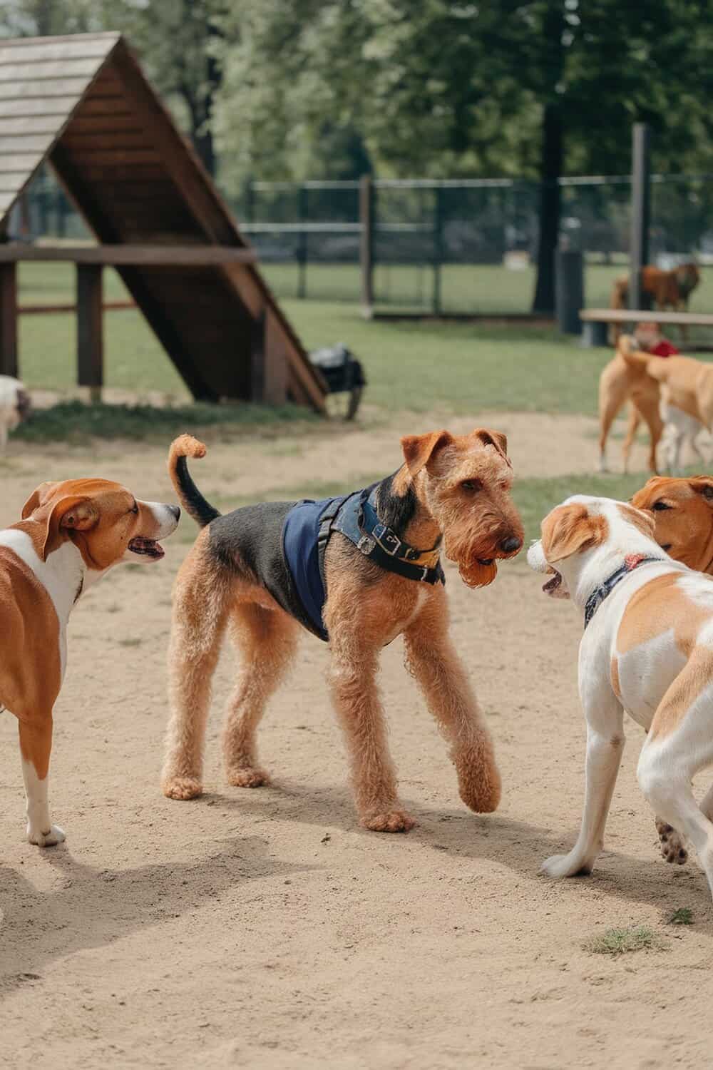 Airedale interacting with other dogs at a park.