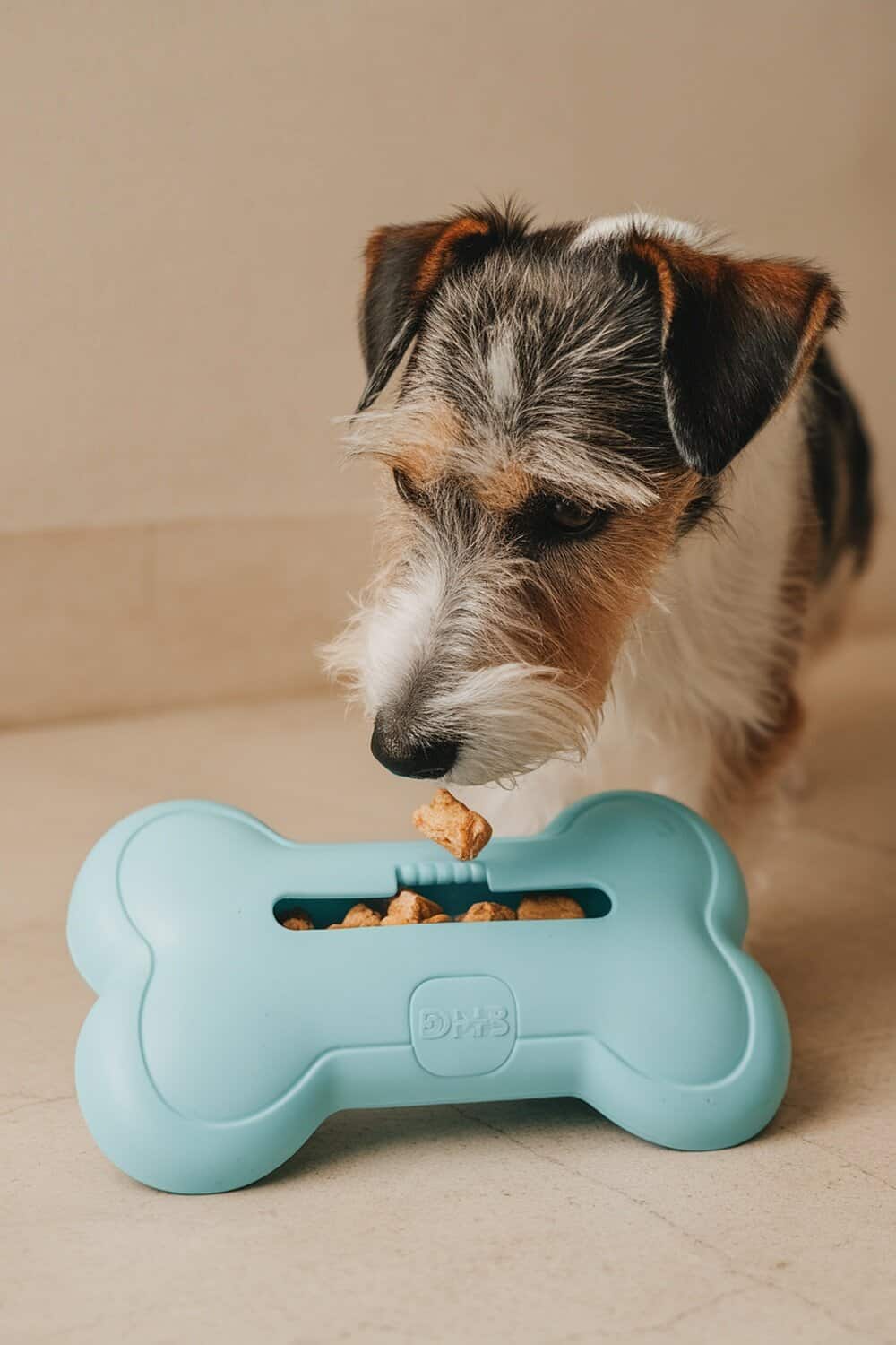 A terrier dog interacting with a blue bone-shaped treat dispenser.