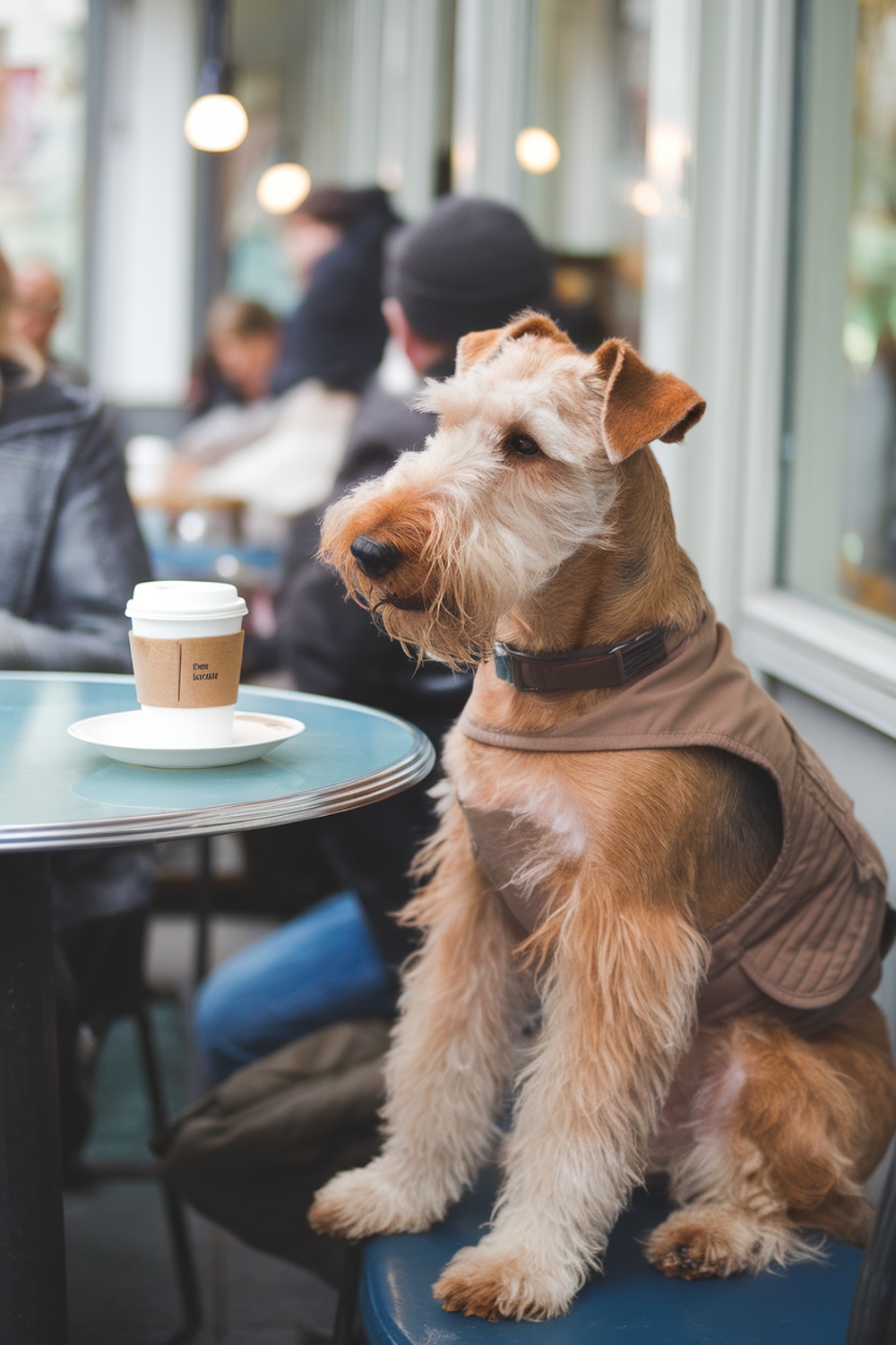 Airedale Terrier sitting in a café next to a coffee cup.