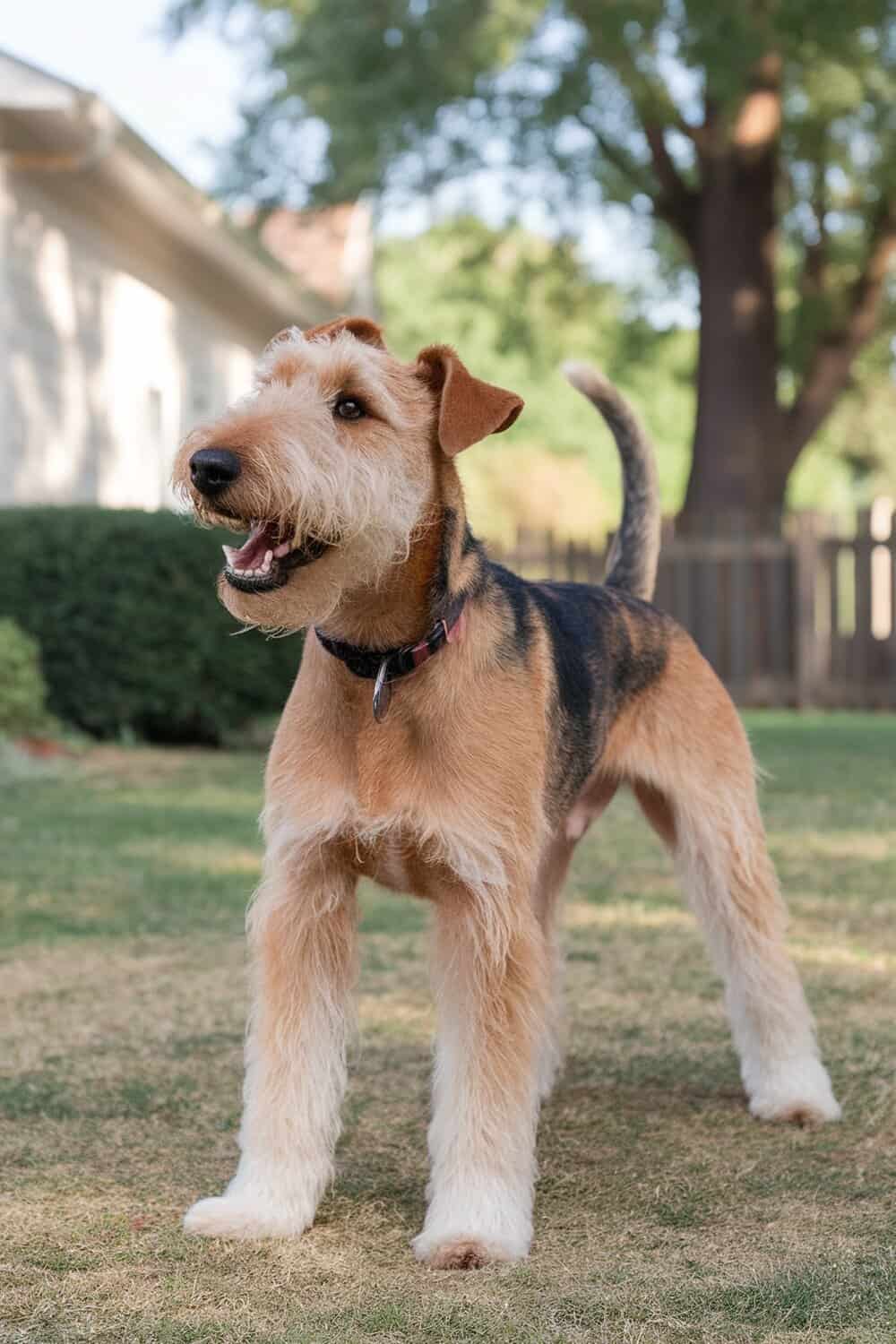Airedale dog standing in a yard, looking alert and friendly.