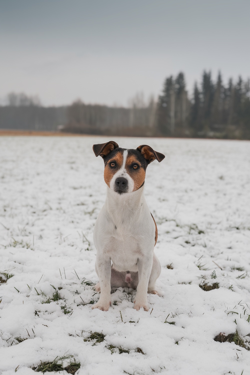 A Parson Russell Terrier sitting in the snow, surrounded by a snowy landscape.